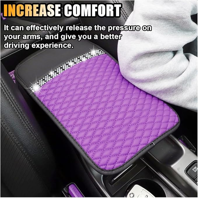 Bling Leather Car Armrest Seat Box Cover, Car Console Armrest Cover with Crystal Rhinestones, Anti-Scratch Waterproof Auto Center Console Protector Cushion Pad for Car SUV Truck (Purple)
