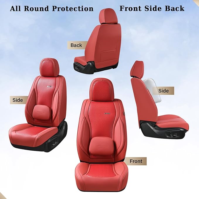 Coverado Car Seat Covers Full Set, Red Seat Covers for Cars, Waterproof Nappa Leather Automotive Seat Covers with Lumbar Head Pillow, Car Seat Protectors, Universal Fit for Most Cars SUV
