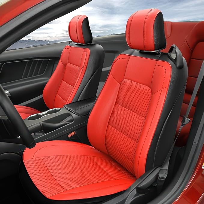 GIANT PANDA Custom Fit Full Set Car Seat Covers for Ford Mustang Convertible 2015 2016 2017 2018 2019 2020 2021 2022 2023 2024 2025 2026, Faux Leather, Black&Red