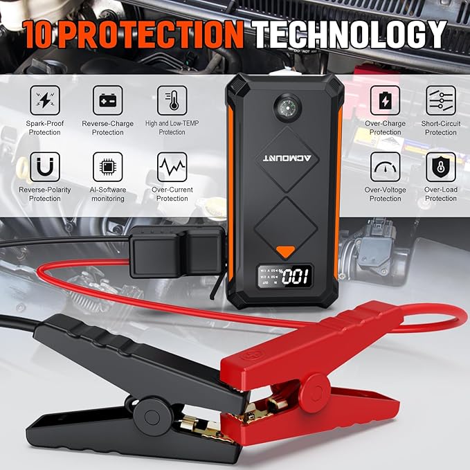 Acmount P110 Car Jump Starter, 6000A Peak Lithium Jump Starter Battery Pack for Up to 10.0L Gas or 8.0L Diesel Engine, Safe 12V Portable Battery Starter Power Pack with LED Screen & LED Light - Orange