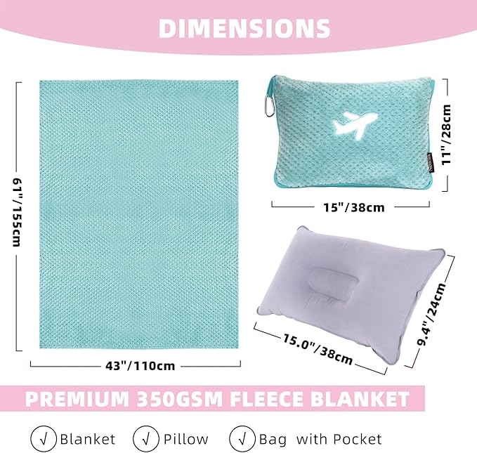 3 in 1 Travel Blanket Pillow Set - 350 GSM Thick Travel Blanket Airplane Compact with Bag, Soft Bag with a Pocket, Inflatable Travel Pillow for Camping & Car Trip(Mint Green)