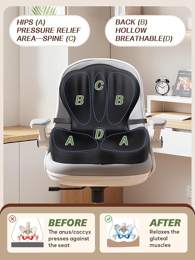 Benazcap Memory Foam Seat Cushion with Lumbar Support Pillow for Office Chair, Car & Gaming Seat, Wheelchair, Ergonomic Design for Sciatica & Tailbone Pressure Relief, Black