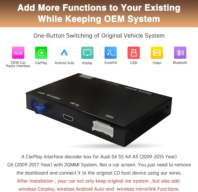 for Audi A4/A5/Q5 Wireless Carplay/Android Auto Retrofit Kit Decoder Plug and Play Upgrade Box for A5/A4/Q5 with 2G MMI System 2009-2015
