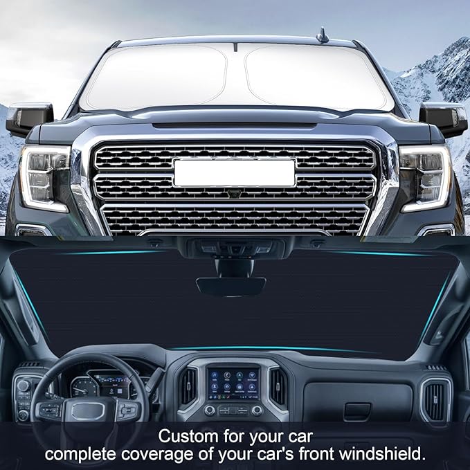 Car Sun Shade for 2019-2024 2025 2026 Chevy Silverado 1500 Windshield Sun Shade, Sun Visor Windshield Screen Cover for GMC Sierra Front Window Sunshade Foldable Auto Interior Accessories