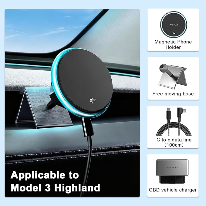 Wireless Car Mount Charger Fast Charging for Tesla Model 3/Y/3 Highland/Y Juniper (Model 3 Highland 2024+, with OBD Charger)