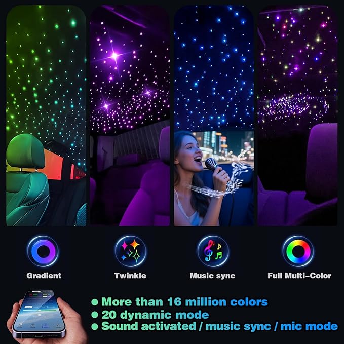 VASTFIRE Starlight Headliner Kit 1000pcs, 32W Dual-Color Meteor + Twinkle Star Headliner kit Music/Voice Activated Star Lights for Car, Bed Room, RVs, Home Theaters | Bluetooth + Remote Contr