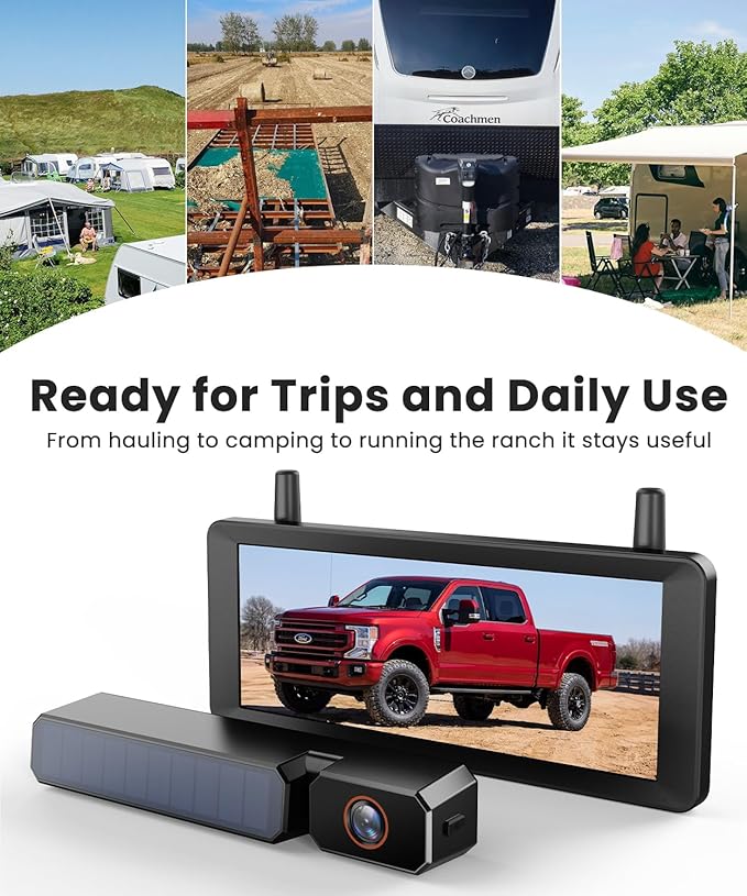 Solar Wireless Backup Camera: 7.2" 1080P Monitor, 2-Min DIY Installation, Dual Antennas, Split-Screen DVR Recording, IP69K Waterproof Reverse Camera for Car, Van, SUV, Truck, Trailer