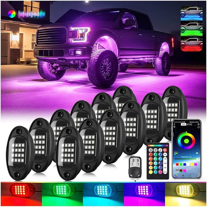 12Pods RGB LED Rock Lights for Trucks Pickup Jeep UTV ATV SXS Offroad, Multicolor Underglow Light Kit with APP/RF Remote Dual Zone,Plug and Play&Pre Wired 12V Vehicle Underbody Accent Light Waterproof