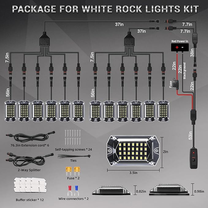 12 Pods Full Angle Pure White LED Rock Lights for Trucks Jeeps Golf Cart Offroad Pickup ATV UTV RZR SUV, 28 LEDs 6500K Super Bright Waterproof White Underglow Kit with Switch Harness Extension Wires
