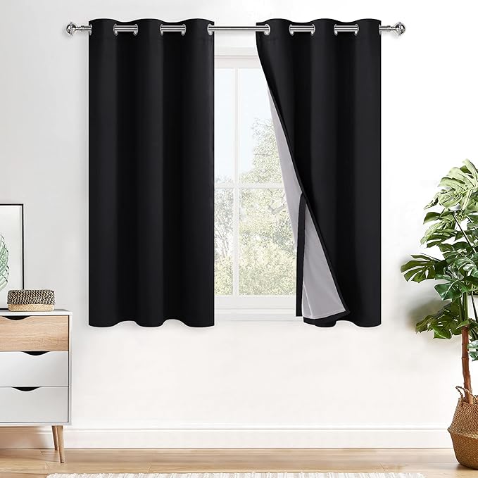 XWZO Black Blackout Curtains 2 Panels with Tiebacks- Heat and Full Light Blocking Window Panels with Grommets for Bedroom/Basement, 54 Inches Long Thermal Insulated Draperies, W42 x L54, Set of 2