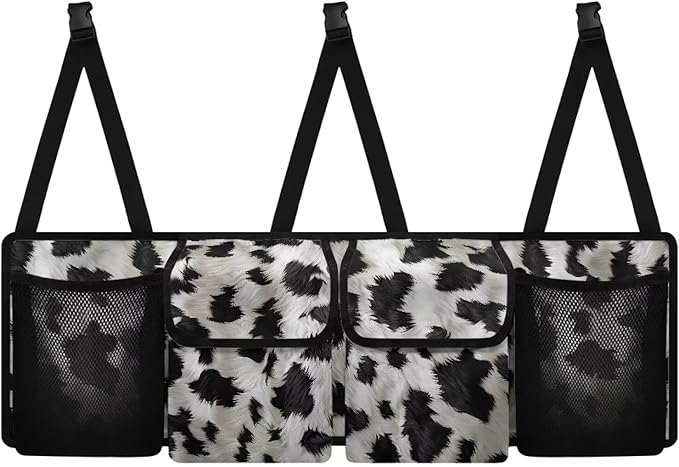 Cow Pattern Print Car Trunk Organizer, Hanging Car Back Seat Storage Bag with 4 Pockets Universal Detachable Car Interior Accessories for Sedans SUVs Truck