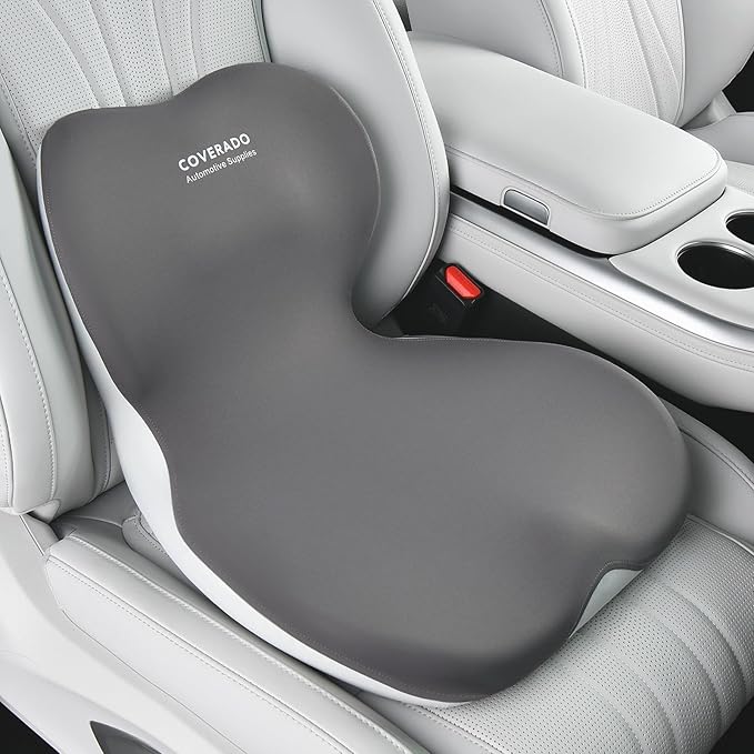 Coverado Car Seat Cushion and Lumbar Support Pillow One Piece, Memory Foam Ergonomic Back Support Driving Seat Cushion for Back Pain, Non-Slip Washable Cushion for Car, Driver, Office