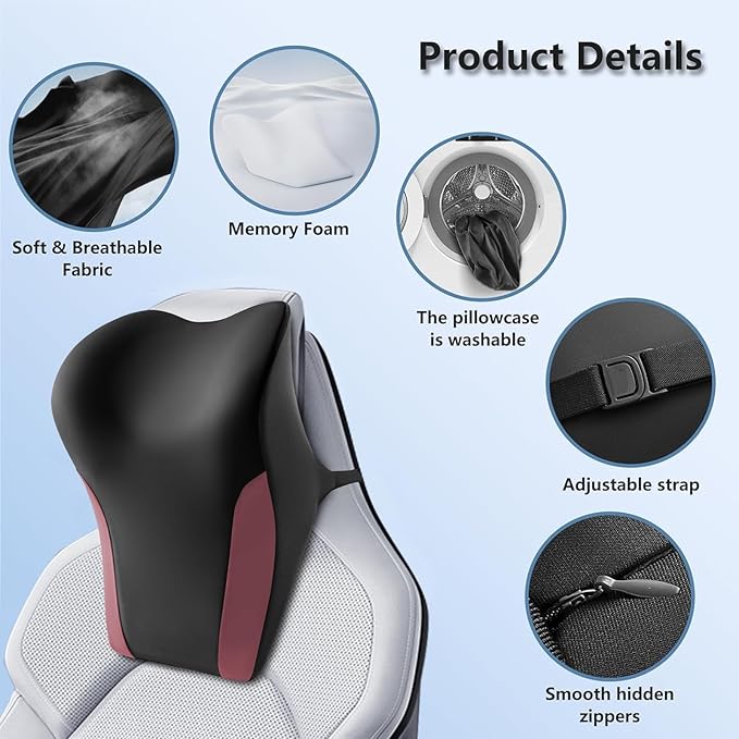 BEBAS Car Headrest Pillow, Ergonomic Neck Pillow with Memory Foam, Enlarged Surface for Head Neck Shoulder Support, Breathable Removeable Car Seat Pillow for Pain Relief (Black Red)