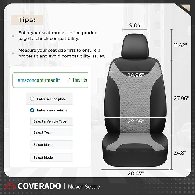 Coverado Car Seat Covers, 2 Seat Waterproof Seat Covers for Cars, Leather Driver Seat Covers, Front Car Seat Protectors Automotive Seat Cushions Universal Fit for Most Sedan, SUV, Truck, Black & Gray
