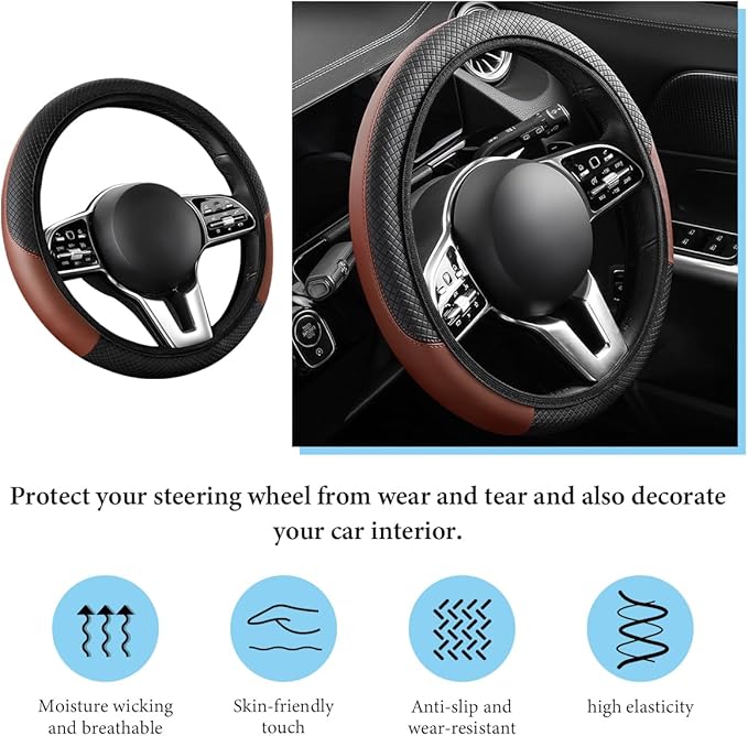 Car Steering Wheel Cover, 15 Inch Anti-Slip Stretch Leather Steering Wheel Protector, Comfortable Breathable Sporty Steering Wheel Cover for Women Men, Car Accessories (Black & Khaki, AD)