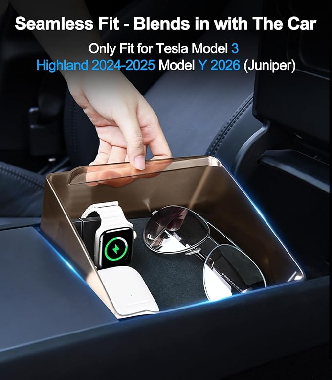 Tesla USB Hub Charger & Center Console Organize for Model 3 Highland 2024-2025 & New Model Y Juniper, 4-Port Docking Station for Phone/Headphones/Watch/Tablet Charging Storage Accessories