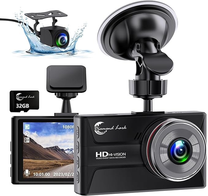 1080P Dash Cam Front and Rear with 32GB SD Card, Diamond Lark Dual Dash Camera for Cars, 3” LCD Screen Dashcam with Type-C Port, HDR, G-Sensor, Loop Recording, Parking Monitor, Night Vision