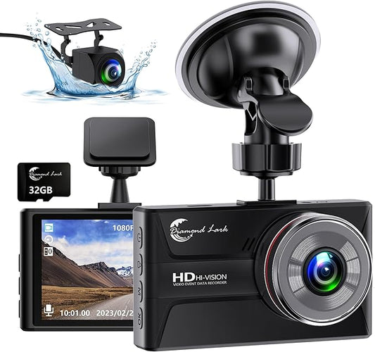 1080P Dash Cam Front and Rear with 32GB SD Card, Diamond Lark Dual Dash Camera for Cars, 3” LCD Screen Dashcam with Type-C Port, HDR, G-Sensor, Loop Recording, Parking Monitor, Night Vision