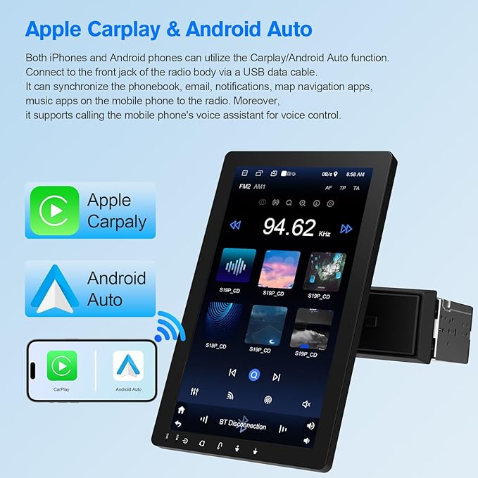 10.1" Rotatable Touch Screen Car Stereo Single Din - Android 13, Wireless CarPlay/Android Auto, 4-Core CPU, 2GB+32GB, GPS Navigation, Hi-Fi Sound, Bluetooth 4.2, AHD Backup Camera (Vertical Fit)