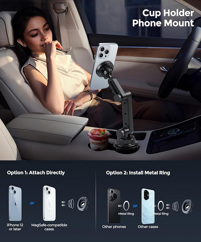 Upgraded Car Cup Phone Holder - Powerful Magnet for Cars/Trucks, 1s Grab Release, car Phone Mount Compatible with MagSafe，Fits iPhone/Samsung & All 4.0-7.0 Inch Smartphones