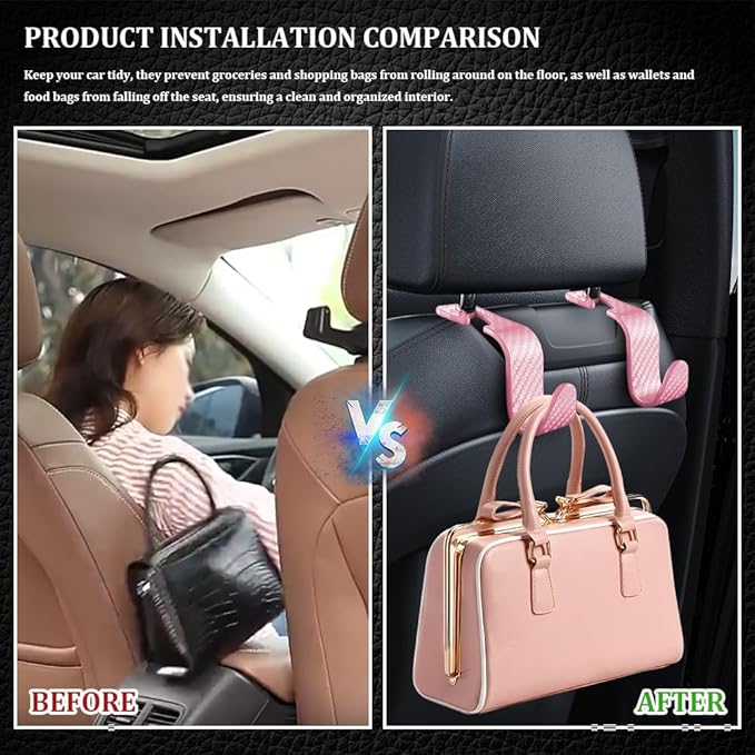 4PCS Car Seat Headrest Hook, Plastic Auto Back Seat Hanger Hooks, Multi-functional Stylish Seat Hooks, Universal Car Interior Headrest Hanger Storage Accessories for Purse Coats Handbag (Pink)