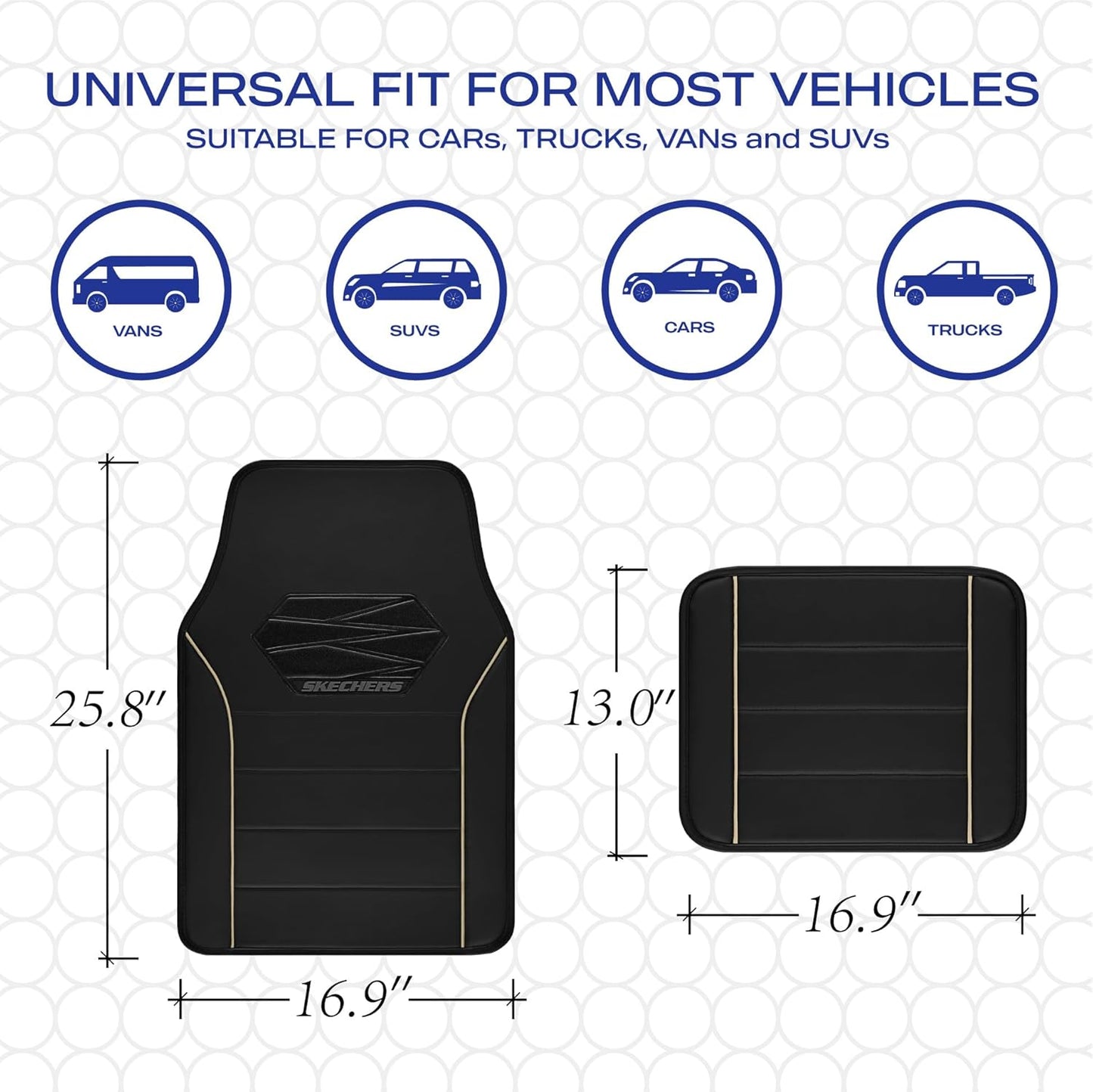 Skechers Memory Foam Car Mats, Leather Piping with Anti-Slip Pad, Universal Waterproof Fit Automotive Floor Mats for SUV, Vans, Sedans, Trucks, Full Set 4pcs Beige