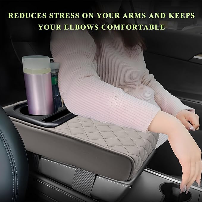 Car Center Console Armrest Pillow, Leather Auto Arm Rest Cover Protector with Cup Holder and Phone Holder, Memory Foam Armrest Cushion for Most Vehicles (Gray, Diamond Pattern)