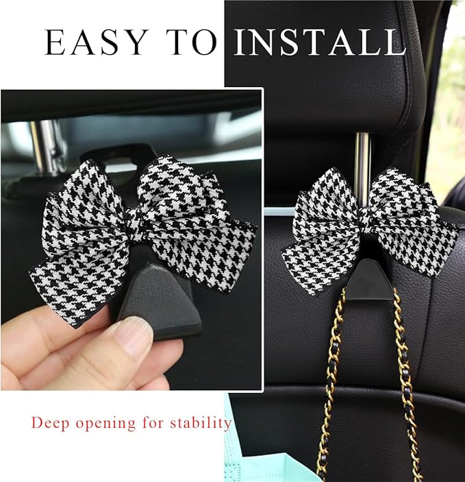 2 PCS Car Seat Headrest Hooks, Cute Bow Shaped Vehicle Backseat Storage Hooks, Leather Bow Shaped Sturdy Car Seat Back Hooks for Purses/Coats/Umbrellas, Car Accessories (Houndstooth)