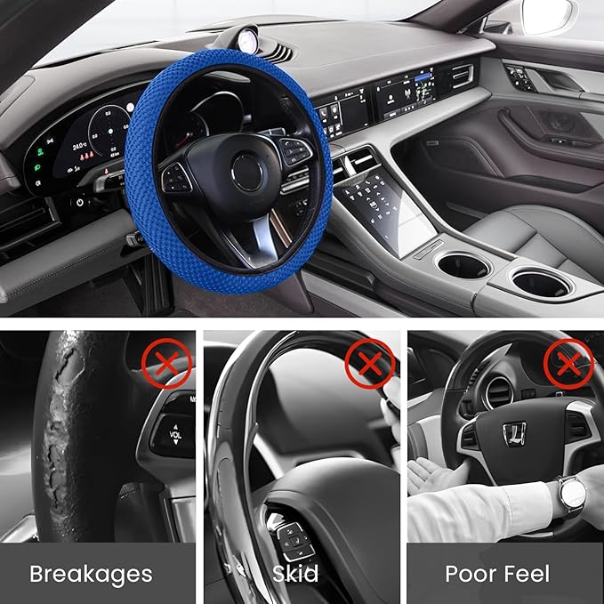 Elastic Stretch Car Steering Wheel Cover, Comfortable Steering Wheel Cover Universal for 14.5-15 Inch, Warm in Winter & Cool in Summer, Anti-Slip Breathable Ice Silk (Blue)
