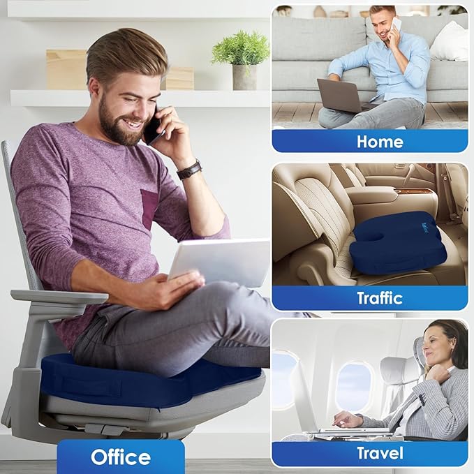 TushGuard Seat Cushion for Office Chair Memory Foam Non-Slip Desk Seat Cushion Back, Coccyx, Sciatica, Tailbone Pain Relief Butt Pillow for Office Chair, Car, Wheelchair, Blue