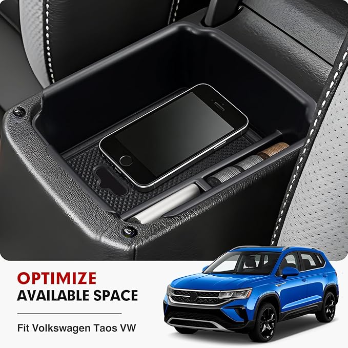 Autorder Center Console Organizer for 2022-2026 Volkswagen Taos/ 2018-2024 VW Tiguan,Taos/Tiguan Interior Accessories Armrest Storage Box Secondary Insert Tray with Non-Slip Silicone Mats