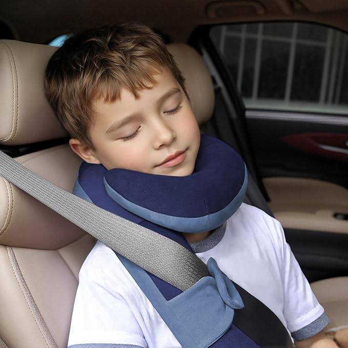 Kids Travel Neck Pillow, Toddler Travel Pillow for Car & Airplane and Head & Chin Support, Comfortably Travel Neck Pillow for Road Trip Sleeping, Gifts for Toddler/Child/Kids (Light Blue & Dark Blue)