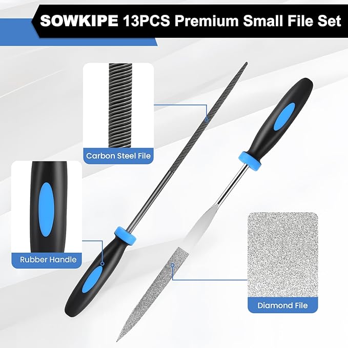 SOWKIPE 13Pcs Premium Small File Set, 6 Diamond Files, 6 Steel Files, Cleaning Brush & Carrying Case for Wood, Plastic, Jewelry, Leather, DIY