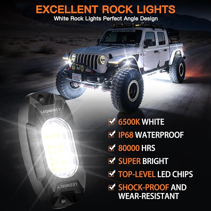White Rock Lights,LEDMIRCY R6 LED Pure White Rock Lights 12PCS with Rocker Switch Wire Harness Kit for Trucks UTV Off Road Boat ATV Luces para Carro Super Bright High Power Light Waterproof Shockproof