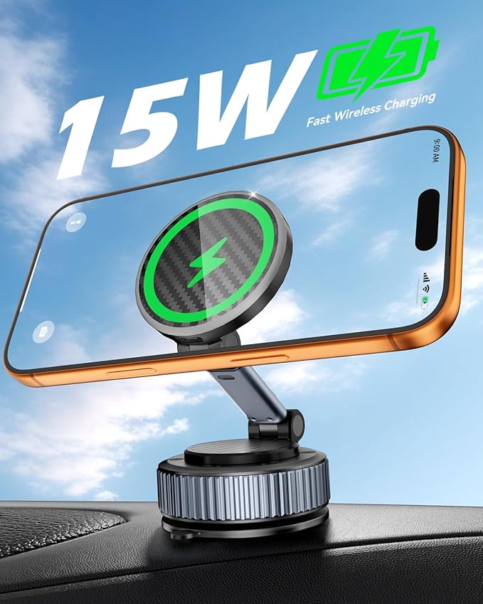 CloudValley 15W Wireless Charger Magnetic Car Mount Phone Holder Carbon Fiber, Dashboard/Windshield 360° Adjustable Stand [Compatible with MagSafe] Wireless Charging Arm for iPhone 17-12 Series