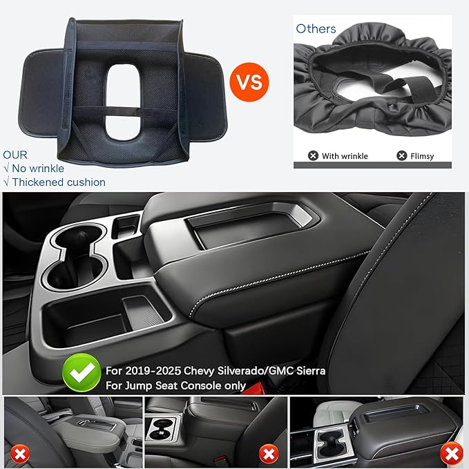 Center Console Cover Fit for 2025-2019 Chevy Silverado/GMC Sierra 1500 2500 3500HD 40/20/40 Jump Seat Thickened Armrest Cover Cushion Center Lid Protector With Pockets（Split Bench Seat Console ONLY）