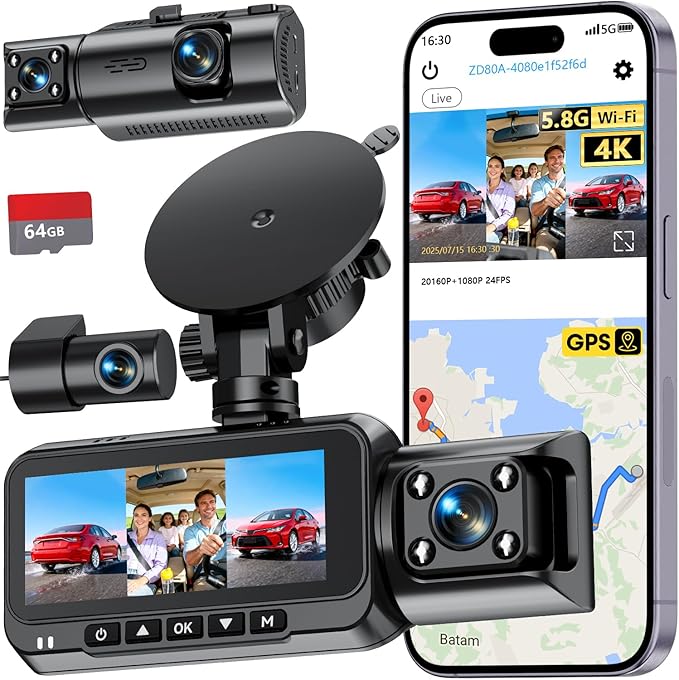3-Channel Dash Cam 4K for Car: Front, Rear & Inside Dash Camera with 5.8G WiFi & GPS - 24H Parking Mode, 64GB Card for Rideshare Driver