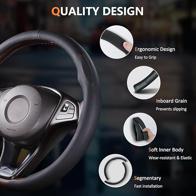 Aimato Car Steering Wheel Cover 2 Piece Non-Slip Clip on Microfiber Leather Steering Wheel Cover,Ultra-Thin Breathable,Universal Fit 14.5"-15" Wheel,Black