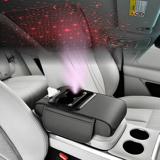 Car Armrest Pad Cover with Red Starry Sky LED Projection, Dual Type-C Charging Ports, Leather Car Center Console Cushion with Cup Holder, Tissue Holder (Red Starry Sky LED Projection, Gray)