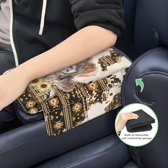 Tupalatus Aztec Car Console Cover Waterproof Highland Cow Universal Armrest Cover with 2 Storage Bags Center Console Covers Universal Fit for Car for Most Vehicle, SUV, Truck, Cars