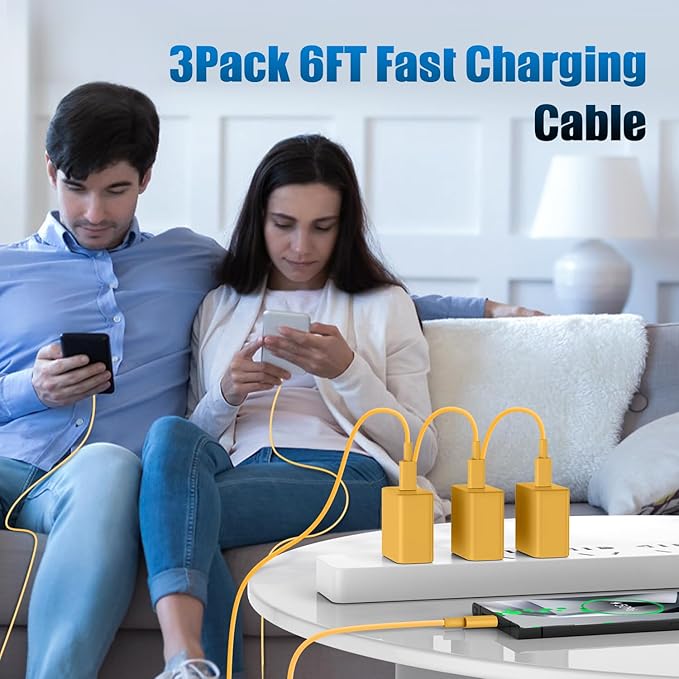 3Pack USB C Charger for Samsung Galaxy S24 Ultra, Super Quite Fast Charging Type C Block with 6FT C to C Cord for Samsung Galaxy Tab S9 S8 S23 Ultra S22 Ultra S23 S22 S21 Note 10 Plus 20,Yellow