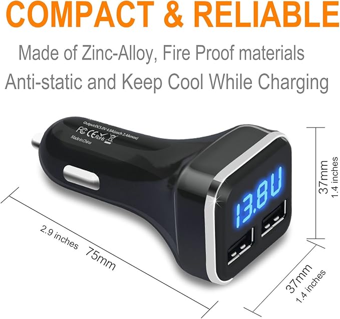 4.8A 24W Dual USB Car Charger Volt Meter Car Battery Monitor with LED Voltage & Amps Display, Cigarette Lighter Adapter, USB Cigarette Lighter Adapter, Compatible for iPhone 15/15 Pro Max
