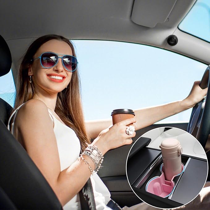 TOPABYTE 3PCS Center Console Accessories for Tesla New Model Y Juniper 2026 2025 Model 3 Highland 2024 Cup Holder Insert, Screen Edge Protector Frame, Wireless Charger Mat Silicone, Pink