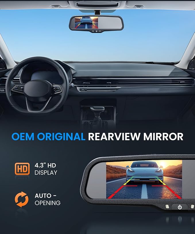 Auto-Vox Rear View Mirror Backup Camera: 4.3'' OEM HD Wireless Backup Camera with Intelligent Light Sensing Display System,IP69 Waterproof, Clear Night Vision Back Up Camera for Car, Truck & Pickup