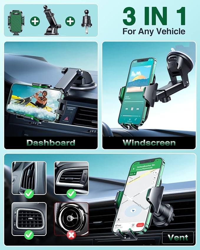 VANMASS Phone Holders for Your Car 2026 Ultimate Phone Mount Military-Grade Windshield Dashboard Vent【Newest Best Strongest】 Cell Phone Car Mount for iPhone 16 Pro Max 15 Samsung Android,Green