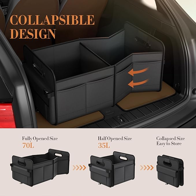titiyiof Trunk Organizer For Suv & Sedan,Car Organizers and Storage, Waterproof Collapsible & Adjustable Straps,70L Sturdy Car Organization for Car Accessories, Tools,Sundries,2-3 Compartment（Black