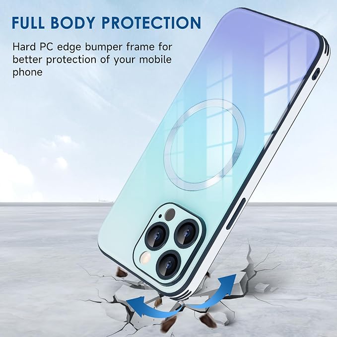 Guppy Compatible with iPhone 13 Pro Max Case Magnetic, with Full Camera Lens Protector [Compatible with MagSafe] Scratch Resistant Gradient Glass Back Cover Phone Case-Blue