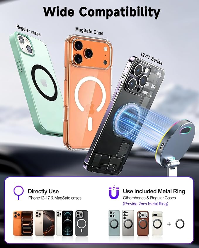 for Magsafe Car Mount Charger, 15W Fast Charging Wireless Car Charger [120LBS Suction &3800gf Magnet] 780° Adjustable, Vacuum Magnetic Phone Holder for Your Car for iPhone & Android, Metal Stand Rotor