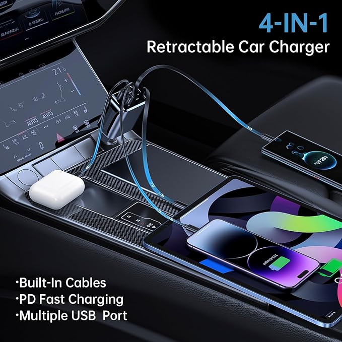 4 in 1 Retractable Car Charger, 69W Fast Charging USB C Car Charger with 2 Built-in Cables & Dual Ports, Multi Port Car Phone Charger Adapter for iPhone 17/16/15, Tablets, Android
