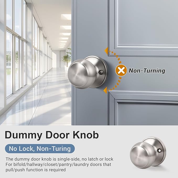 KNOBWELL 2 Pack Brushed Nickel Dummy Door Knob, Single Sided Handle for Closets, French Double Doors, and Pantry, Satin Nickel One Side Non-Turning Interior Push/Pull Door Knob